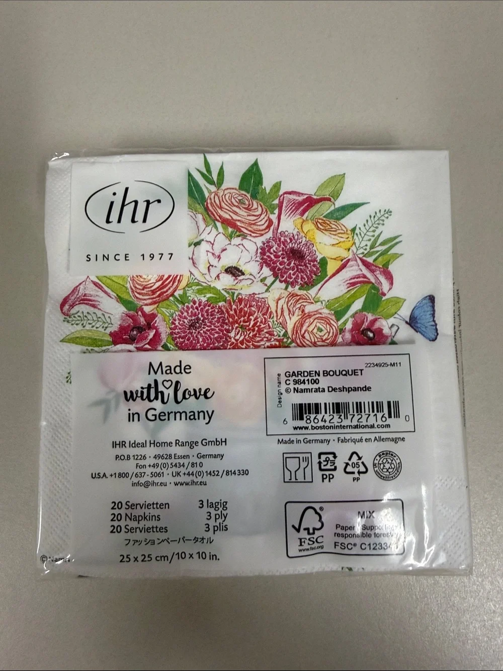 ihr White Pink Yellow Green Watering Can Floral Bouquet Napkins x 4 packs